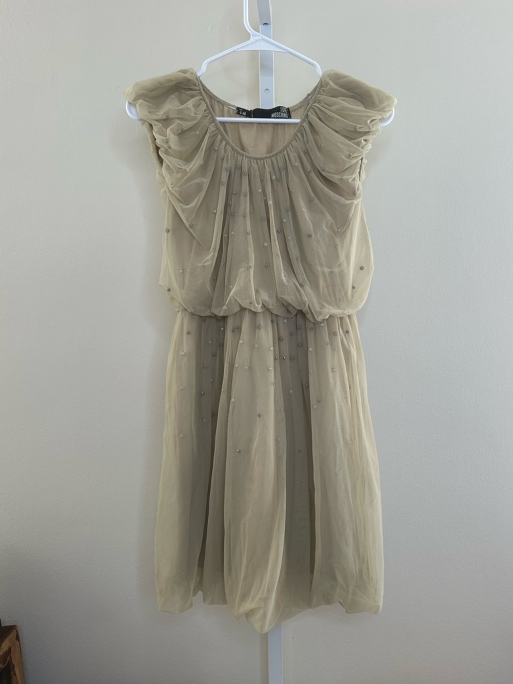 Love Moschino Champagne Beaded Tulle Bubble Hem Dress with Polka Dot Pearls